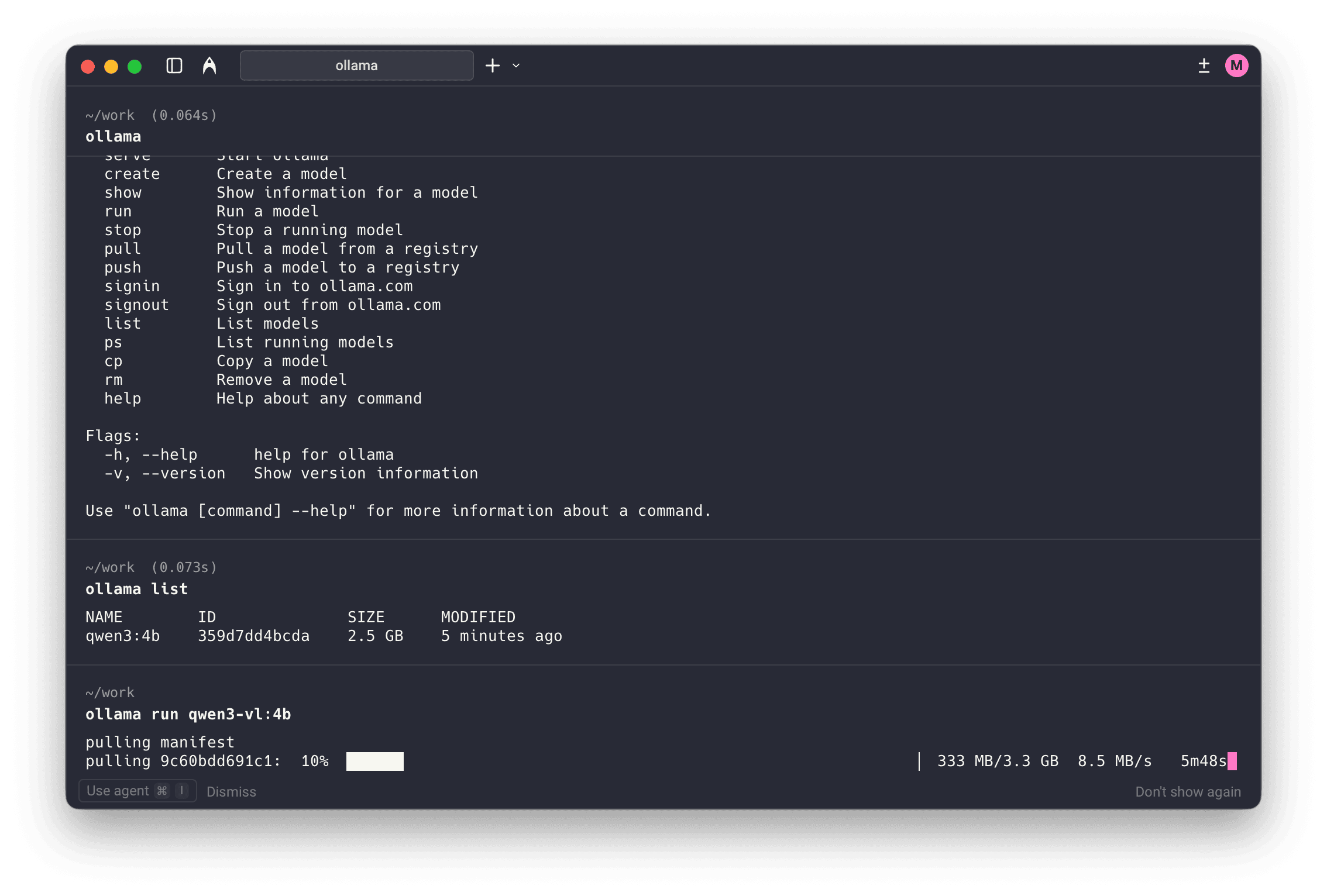 Ollama terminal showing model download