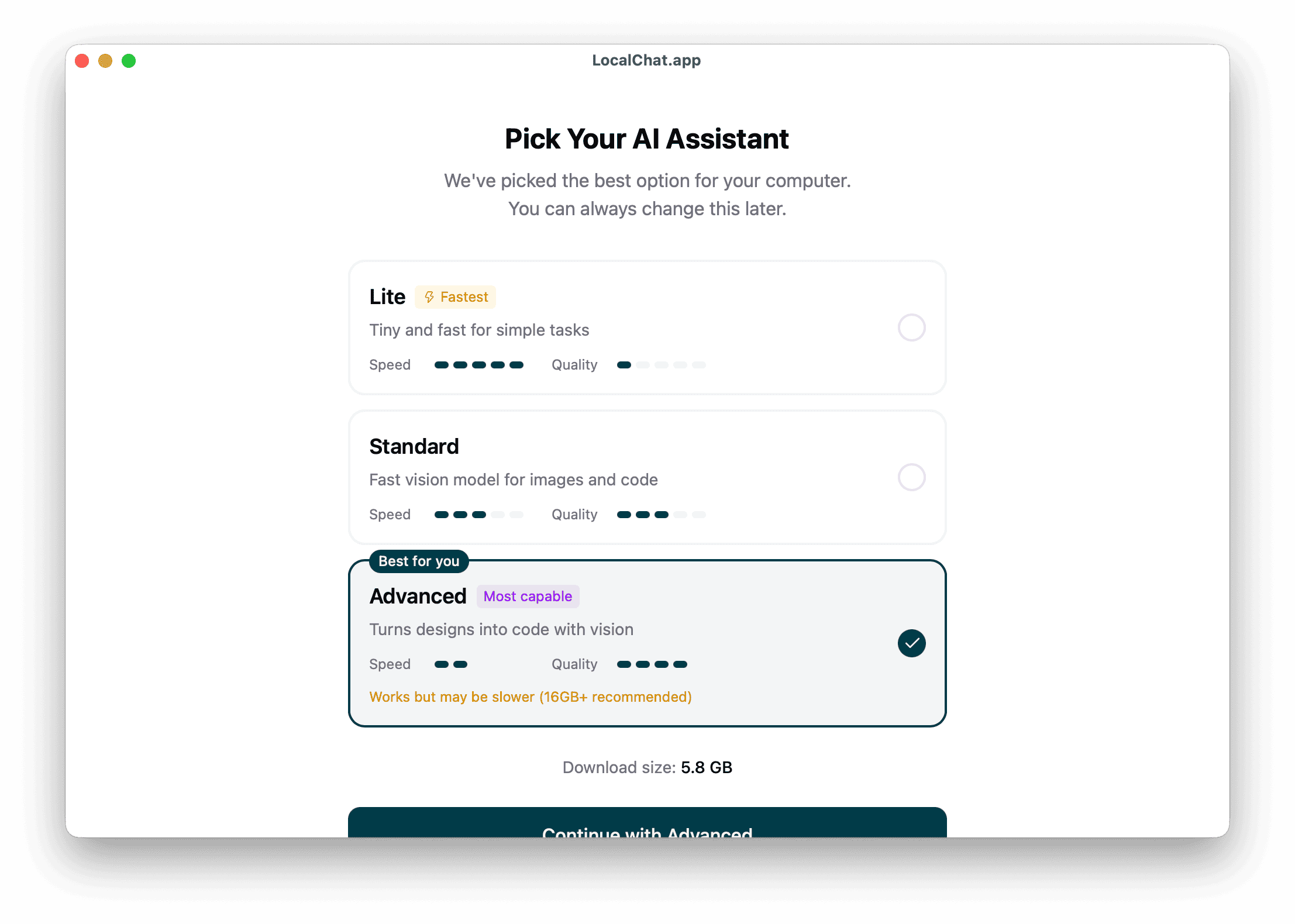 Model selection screen