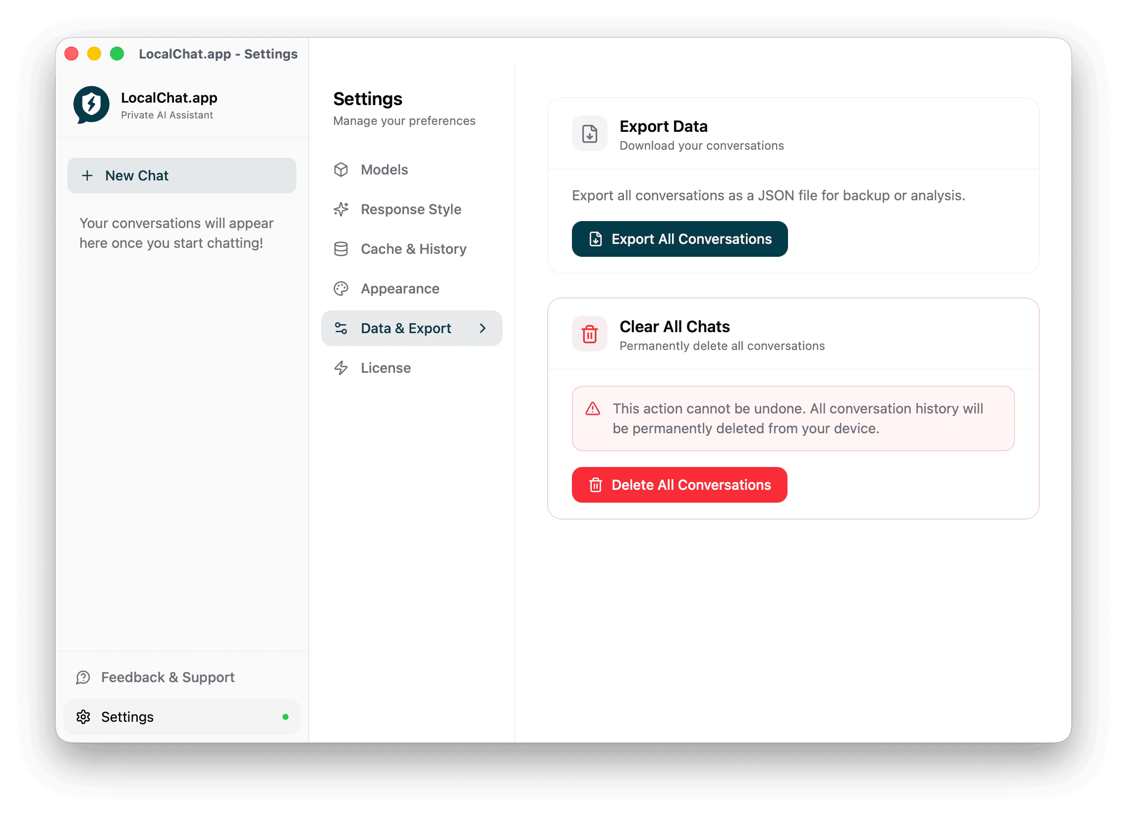 Data and export settings